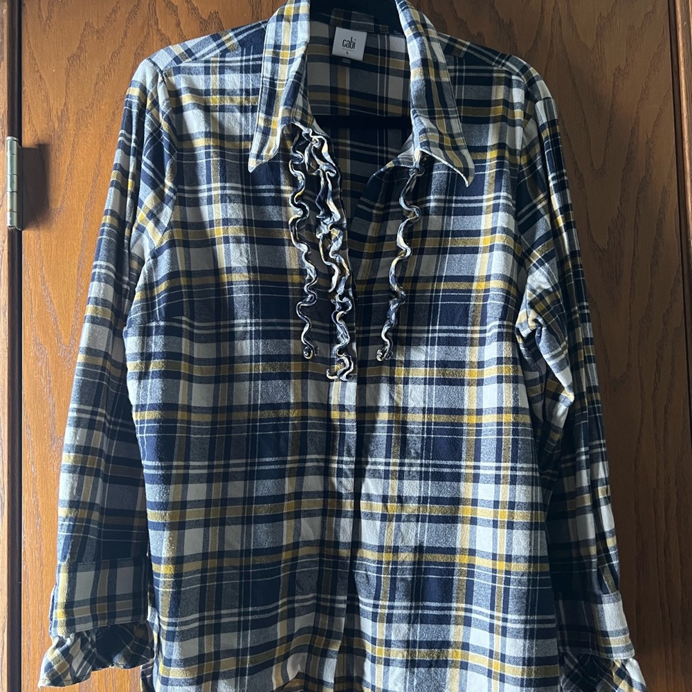 CAbi Navy and Yellow Plaid Ruffle Shirt